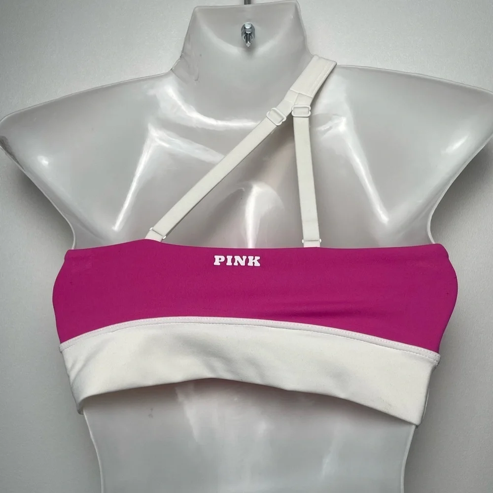 PINK VS RELAY ONE-SHOULDER SPORTS BRA Pink White Women size XS/S - Picture 4 of 6